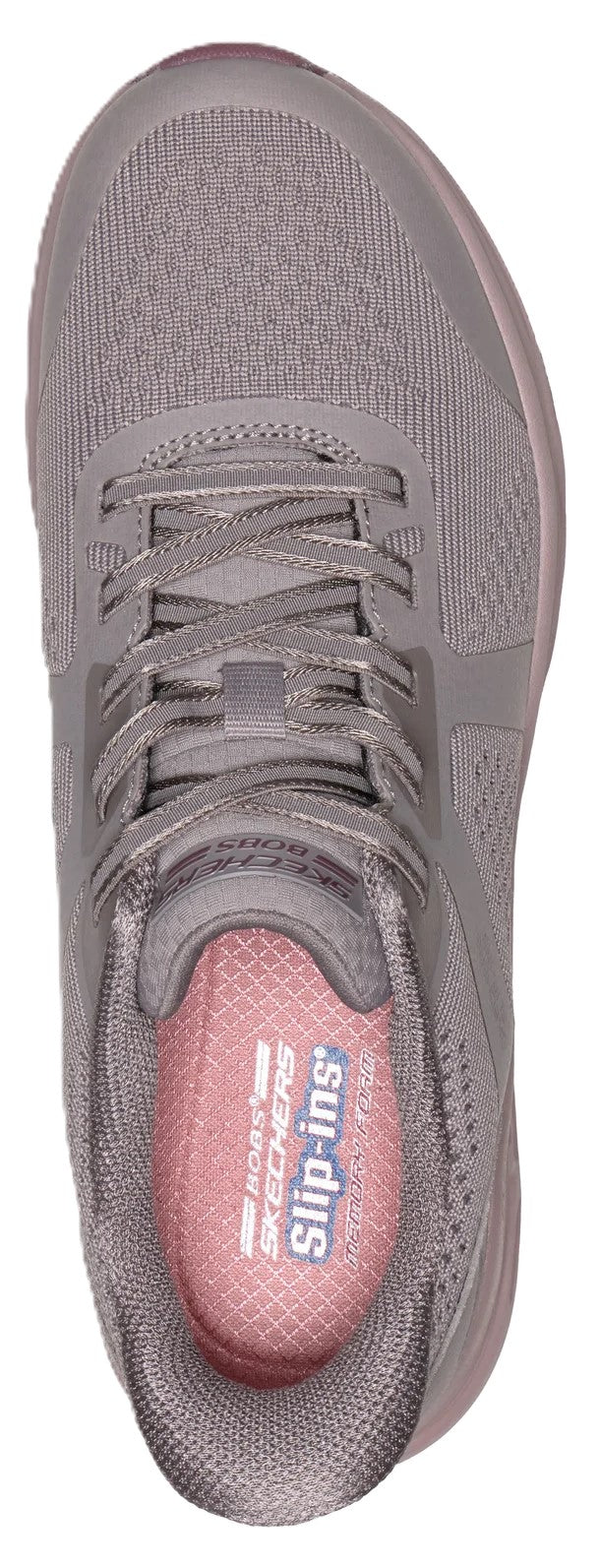 A top-down view of a mauve-colored sneaker with laces, featuring a light pink cushioned insole labeled with the text "Skechers Slip-ins".