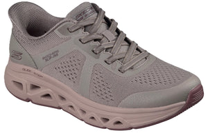 A mauve-colored women's athletic sneaker featuring a mesh upper, laces, and a chunky Glide-Step midsole with cut-out details, with the words 'Skechers Slip-ins' and 'Glide-Step' printed on the side.