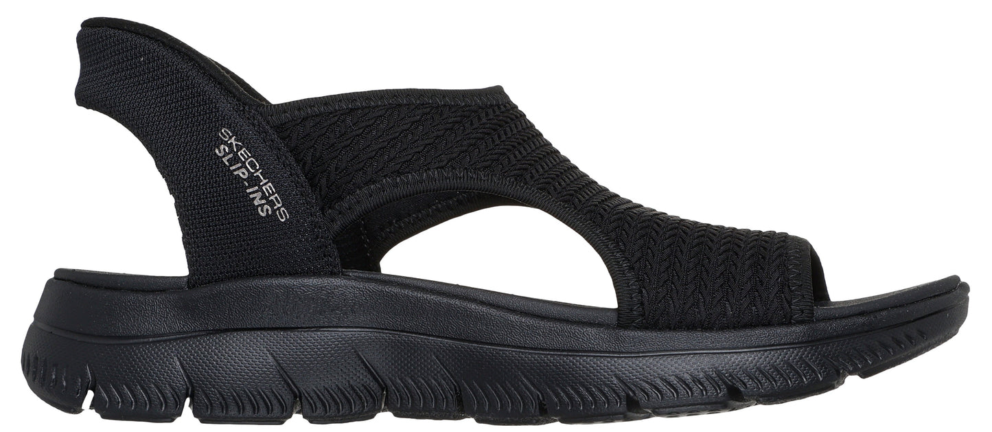Black sandal with elastic heel strap labeled SKECHERS SLIP-INS.