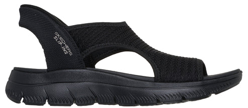 Black sandal with elastic heel strap labeled SKECHERS SLIP-INS.