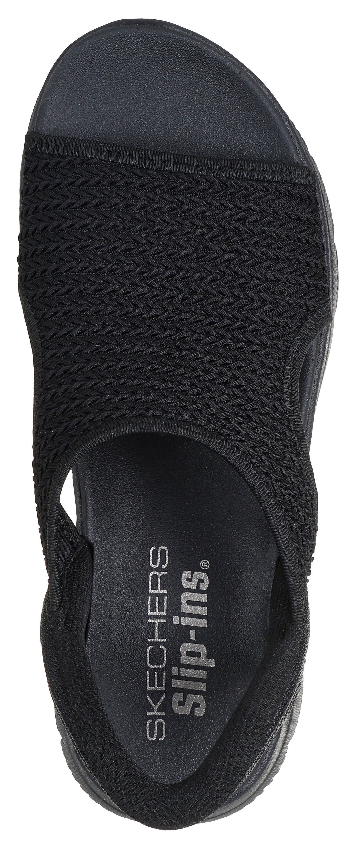 A black sandal with an open toe, an elastic heel strap, and the words "SKECHERS Slip-ins" on the insole.