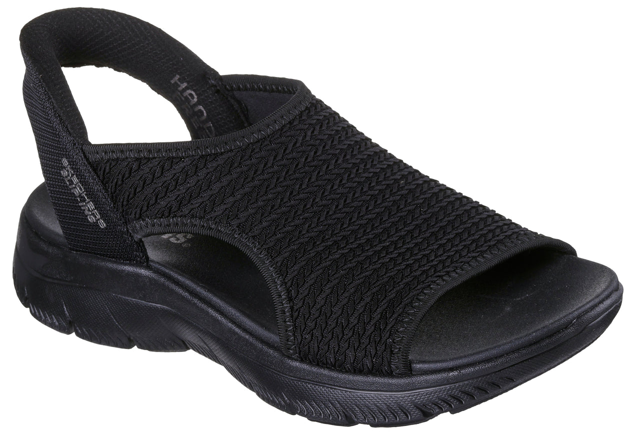 Black sandal with knit-textured upper and slingback strap.