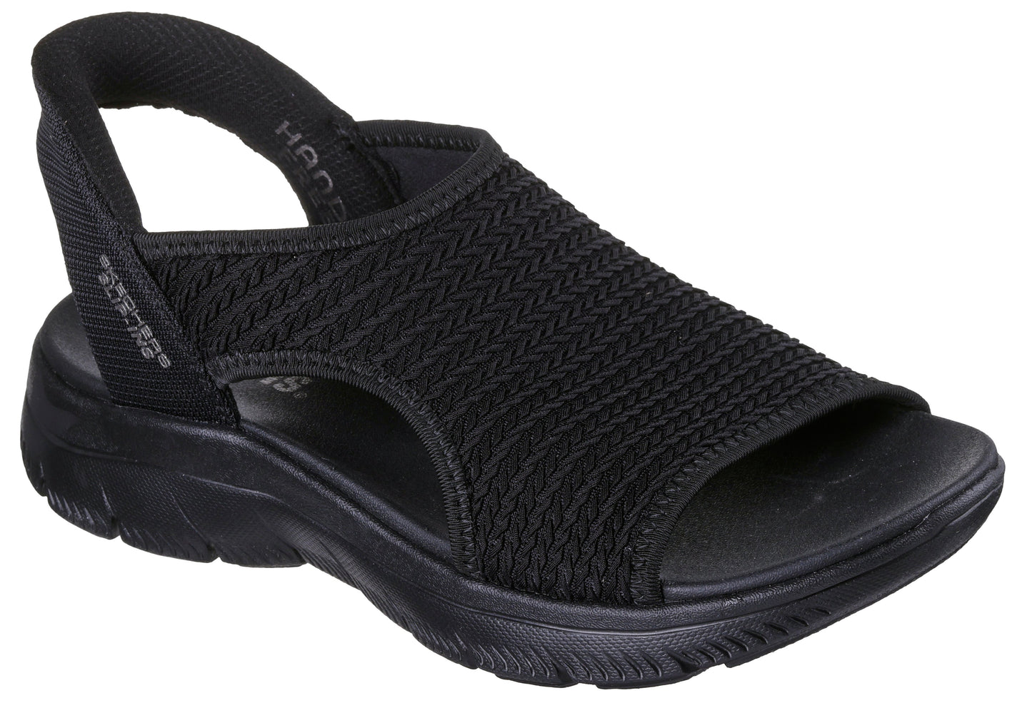 Black sandal with knit-textured upper and slingback strap.
