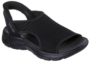 Black sandal with knit-textured upper and slingback strap.