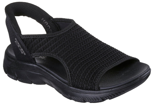 Black sandal with knit-textured upper and slingback strap.