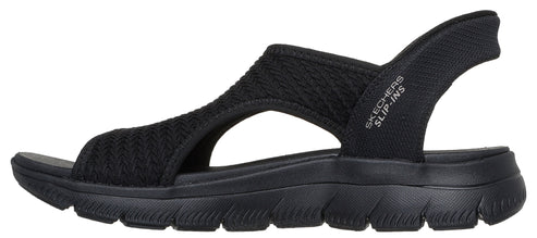 A black sandal with SKETCHERS SLIP-INS branding on the ankle strap.