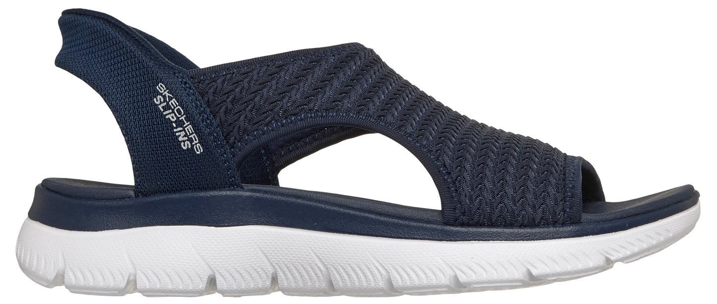 A navy blue sandal with a white sole and the words 'SKECHERS SLIP-INS' on the side.