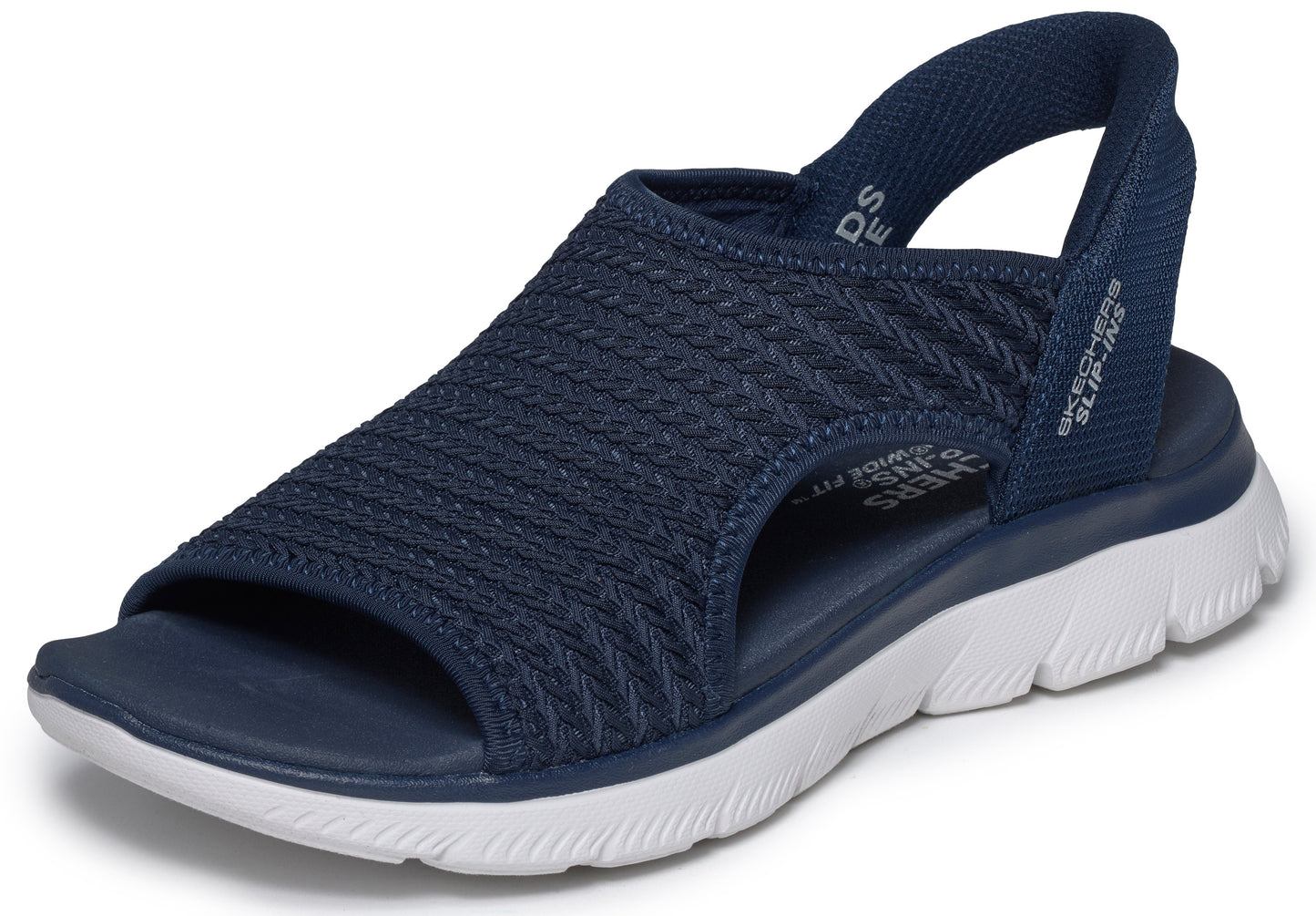 Navy slide sandal with knit upper, slingback heel strap, and white sole.
