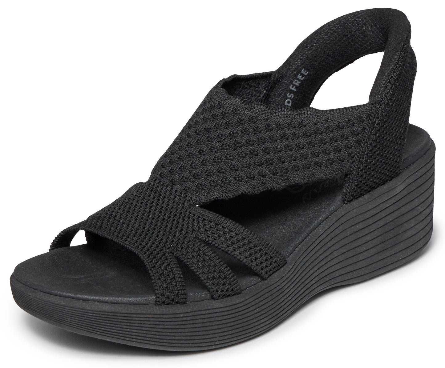 Black sandal with slingback and platform sole.