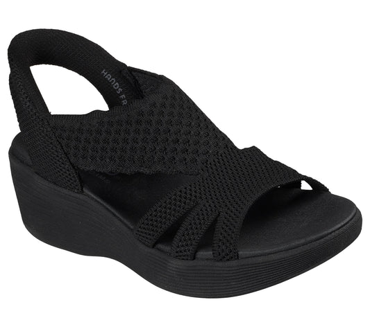 Black woven platform sandal with sling back and open toe.