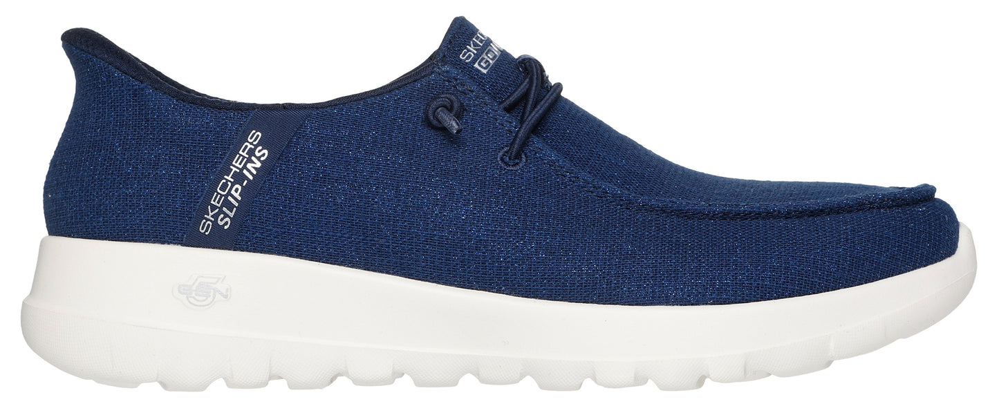 Navy blue slip-on shoe with white sole.