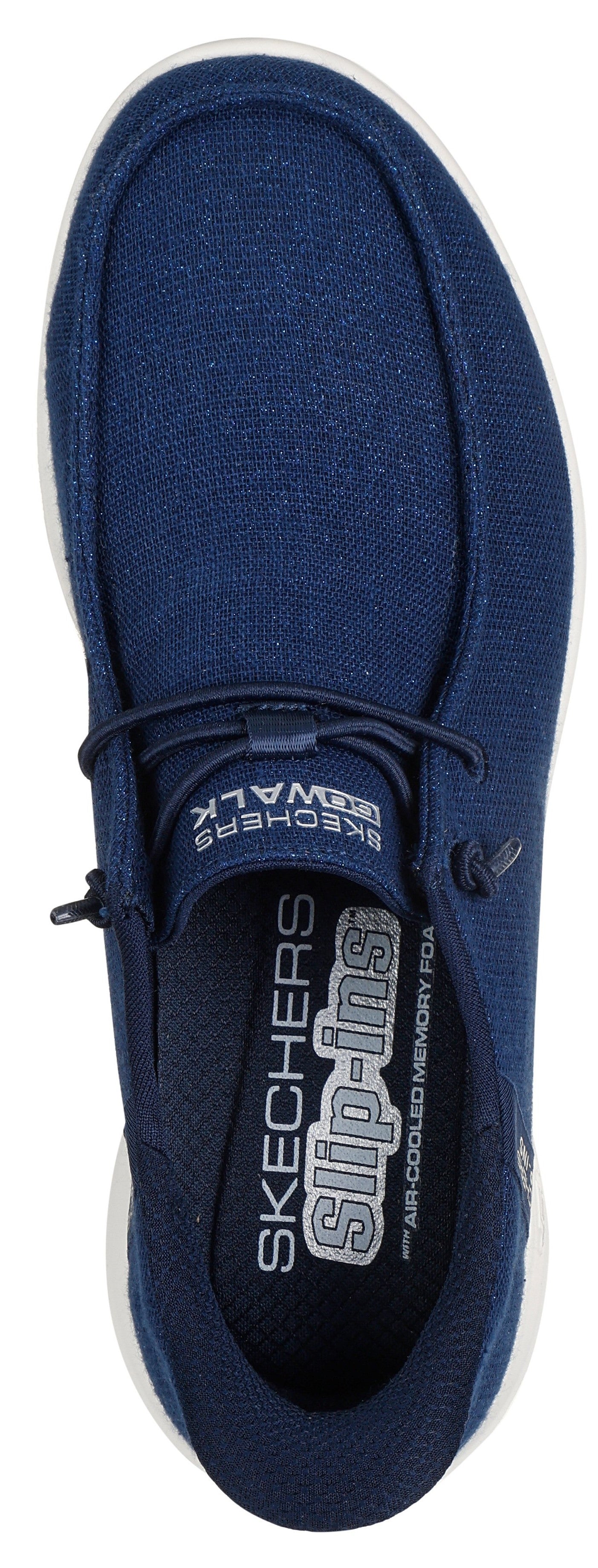 Overhead studio shot of a blue slip-on shoe with white sole.
