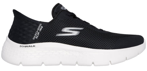 Black slip-on shoe with a white sole and a logo.