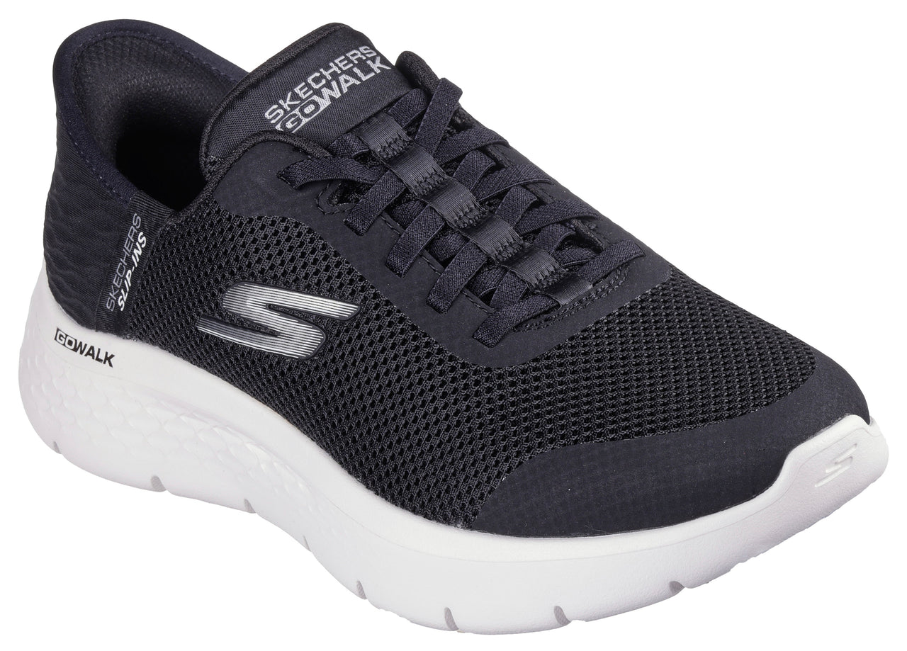 Low-top athletic shoe with black mesh upper, white sole, and visible 'S' logo.