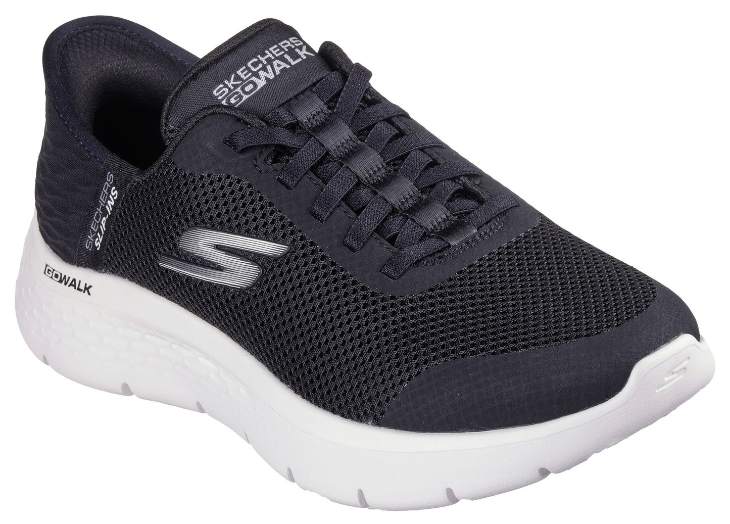 Low-top athletic shoe with black mesh upper, white sole, and visible 'S' logo.