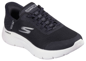 Low-top athletic shoe with black mesh upper, white sole, and visible 'S' logo.