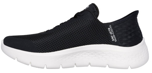A black shoe with a white sole and the text "SKECHERS SLIP-INS" printed on the side.