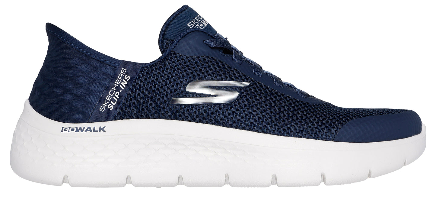 A slip-on style shoe with a navy blue mesh upper and a thick white sole. The side of the shoe features a silver "S" logo and the text "SLIP-INS GO-WALK".