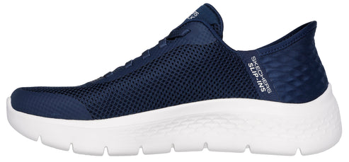 A navy blue sneaker with a white sole and "SKECHERS SLIP-INS" printed on the side.
