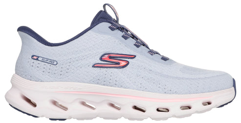 Light blue athletic shoe with pink accents, elevated sole, and speed laces.
