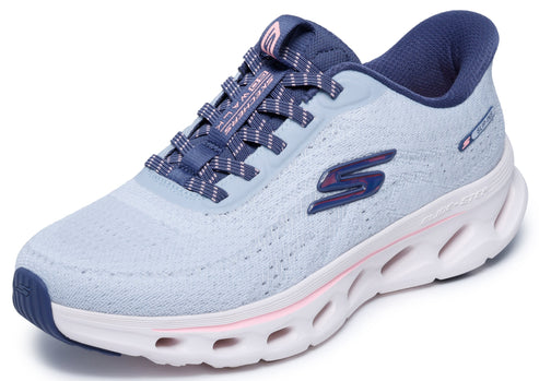 Light blue running shoe with dark blue accents and a white sole with pink stripe.