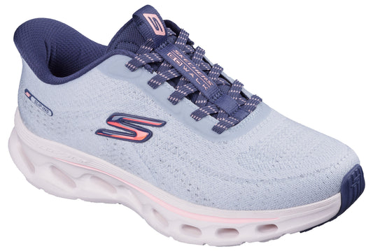 Light blue sneaker with a thick white sole, and blue laces, the logo is pink.