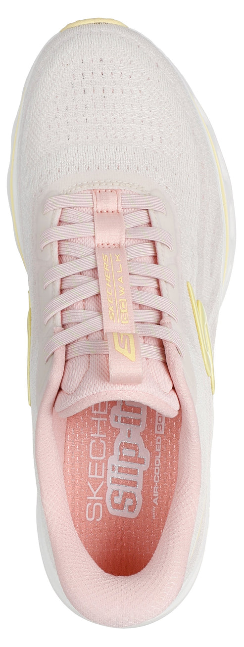 Top-down view of a light pink sneaker featuring a lace-up closure and "Slip-ins" inscription inside.