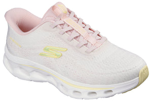 A white athletic shoe with pink laces and sole accents.