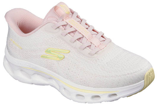 A white athletic shoe with pink laces and sole accents.