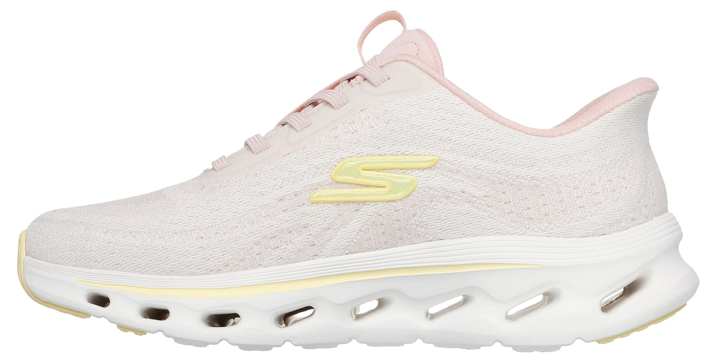 Side view of a light pink running shoe with a yellow logo and a thick white sole.