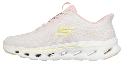 Side view of a light pink running shoe with a yellow logo and a thick white sole.