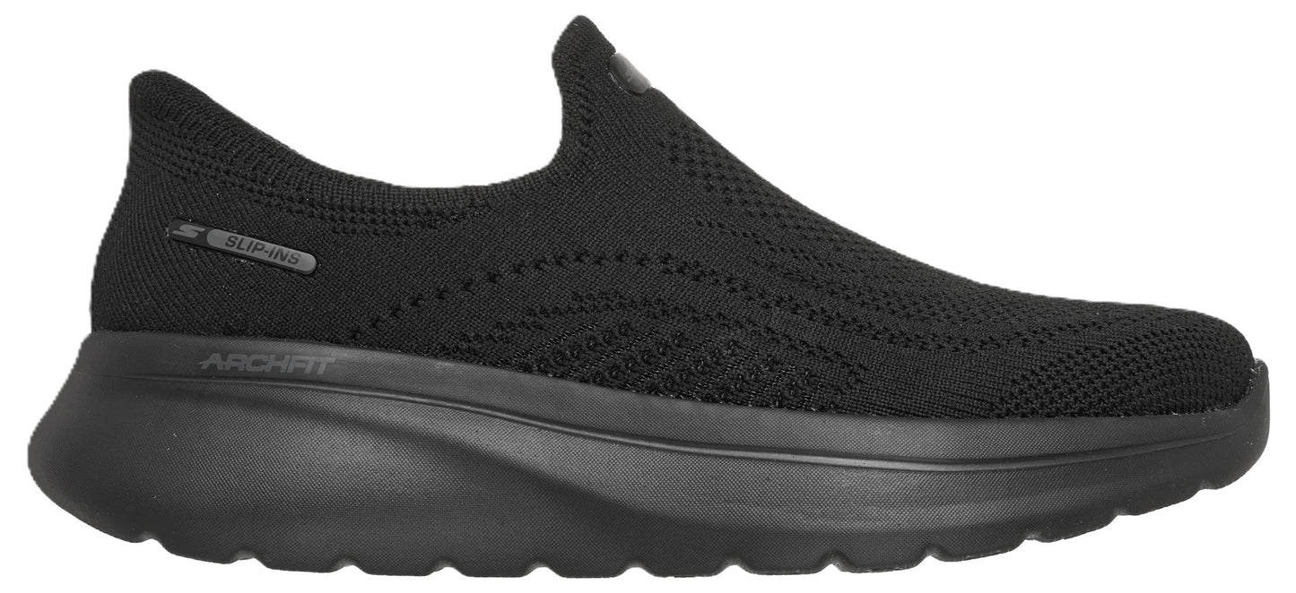 A solid black slip-on athletic shoe with a textured knit upper and a chunky, cushioned midsole featuring the embossed text ARCH FIT and SLIP-INS.