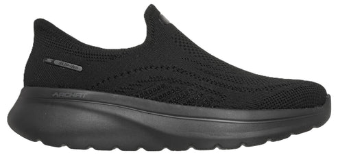 A solid black slip-on athletic shoe with a textured knit upper and a chunky, cushioned midsole featuring the embossed text ARCH FIT and SLIP-INS.