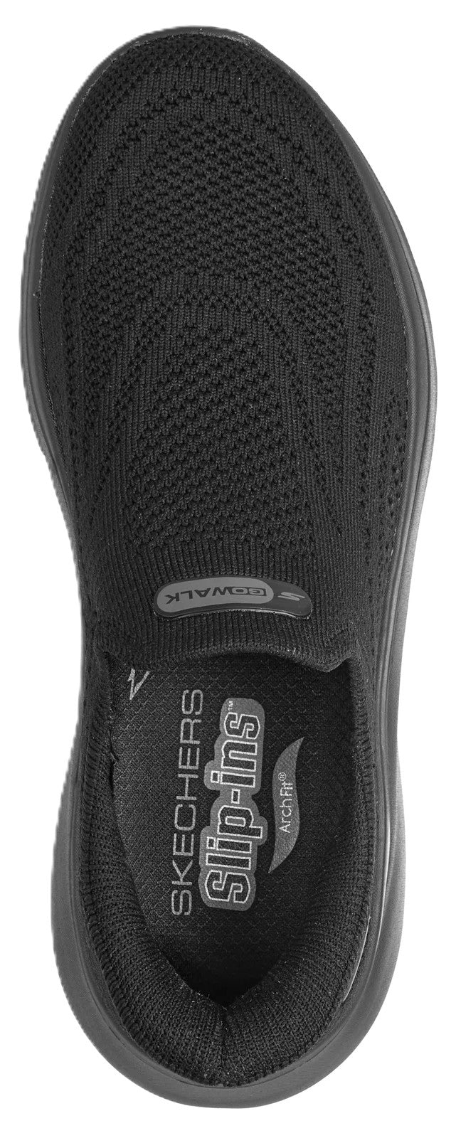 Top view of a black Skechers Slip-ins GoWalk Arch Fit sneaker with a knitted fabric upper and cushioned insole.