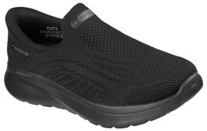 A black Skechers GO Hands Free slip-on sneaker with a mesh upper, Arch Fit cushioning, and a thick, matching black sole.