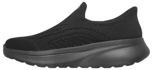 A sleek, black, slip-on athletic shoe with a breathable knit fabric upper and a chunky, cushioned monochromatic sole.