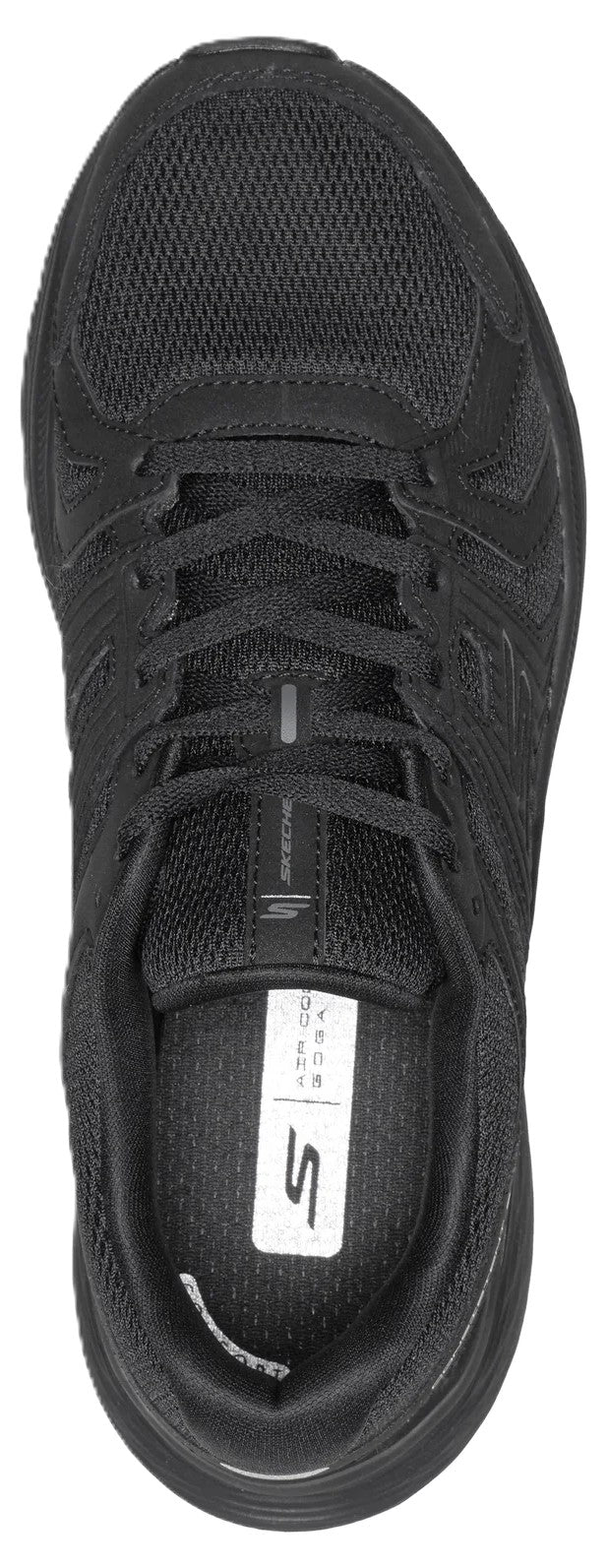 A top-down view of a black athletic shoe with laces, mesh material, and an insole featuring the letter S logo.