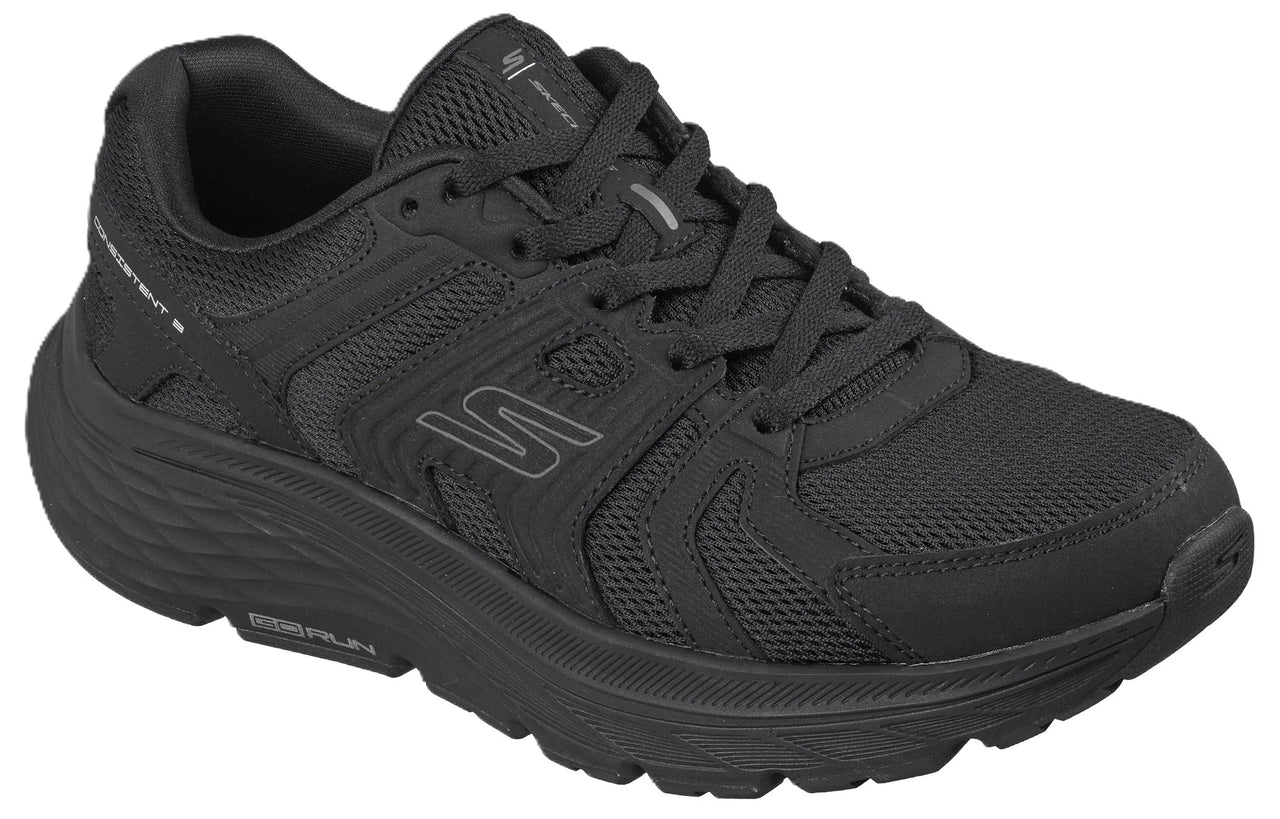 A black Skechers GOrun Consistent running shoe with a mesh upper, thick cushioned midsole, and black laces viewed from a side angle.