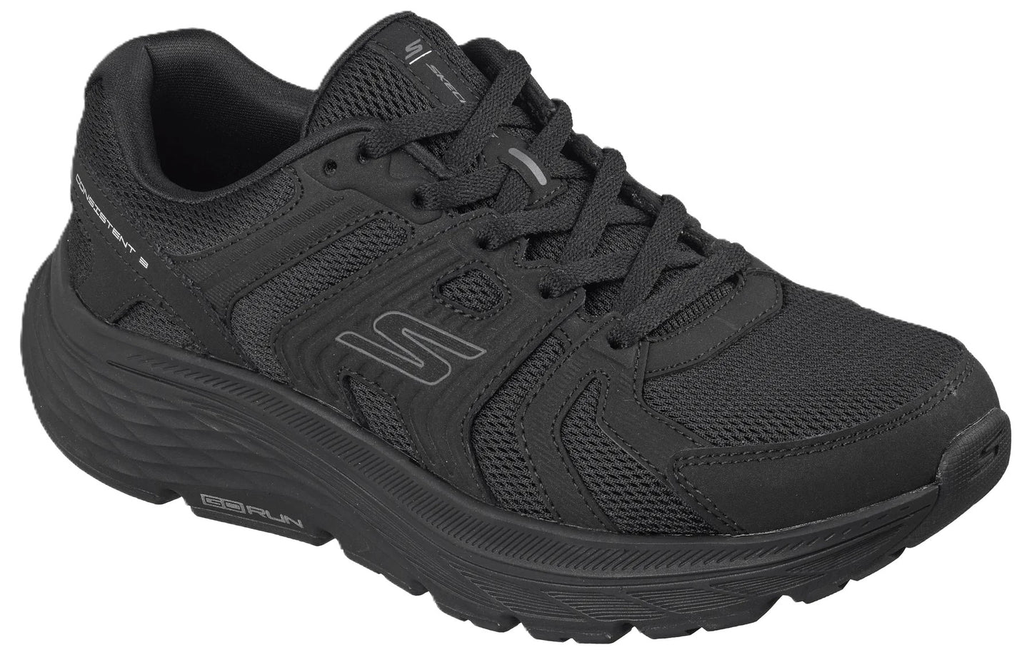 A black Skechers GOrun Consistent running shoe with a mesh upper, thick cushioned midsole, and black laces viewed from a side angle.