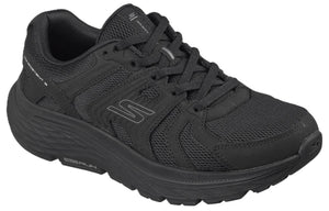 A black Skechers GOrun Consistent running shoe with a mesh upper, thick cushioned midsole, and black laces viewed from a side angle.