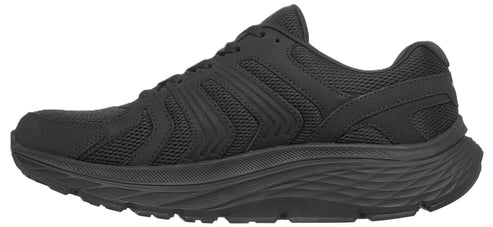 A solid black, low-top athletic sneaker with a mesh upper, synthetic overlays, and a thick, cushioned sole, shown from the side profile.