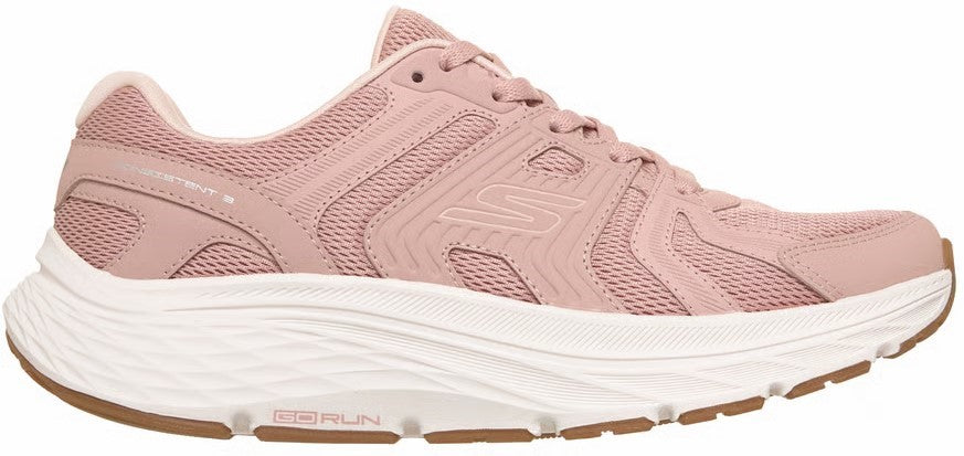 A light pink Skechers Go Run running shoe with a thick white cushioned midsole, textured mesh upper, and a brown rubber outsole.