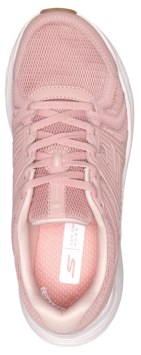 A top-down view of a light pink athletic sneaker with a mesh upper, matching laces, a white midsole, and a rectangular white label on the light pink cushioned insole featuring the letter S.
