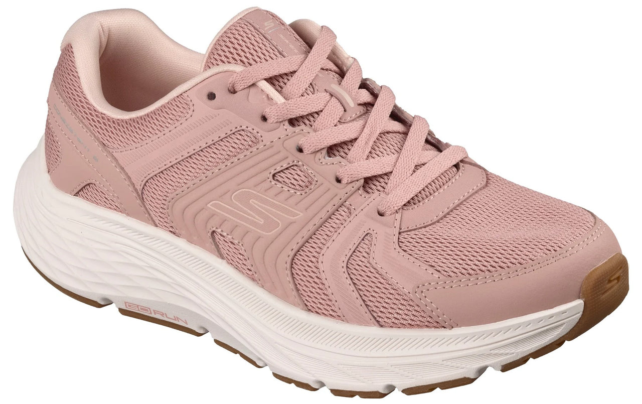 A dusty pink women's athletic sneaker with a mesh upper, a thick white midsole, and a tan rubber outsole featuring a visible S logo on the side.