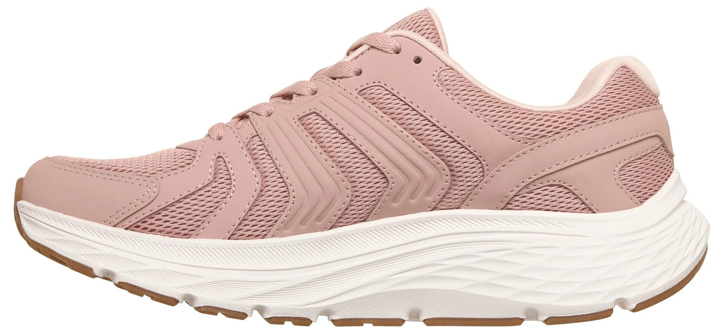 A light pink sneaker viewed from the side, featuring a thick white cushioned midsole, a textured mesh upper with patterned overlays, lace-up closure, and a brown rubber outsole.
