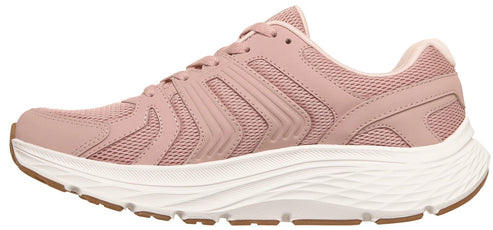 A light pink sneaker viewed from the side, featuring a thick white cushioned midsole, a textured mesh upper with patterned overlays, lace-up closure, and a brown rubber outsole.