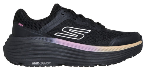 A black running shoe with a thick, cushioned sole and a white "S" logo on the side.