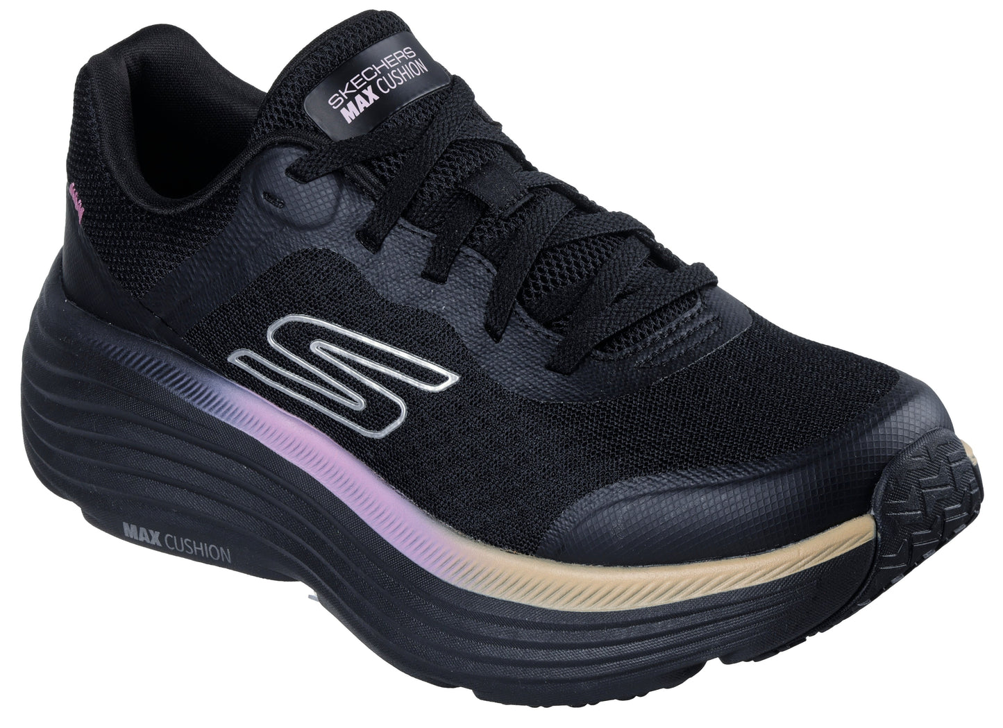 Black sneaker with laces, a silver 'S' logo, and a thick, multicolored sole with 'MAX CUSHION' on it.