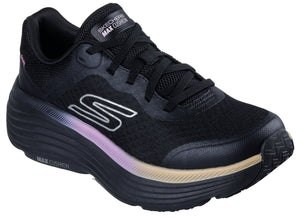 Black sneaker with laces, a silver 'S' logo, and a thick, multicolored sole with 'MAX CUSHION' on it.