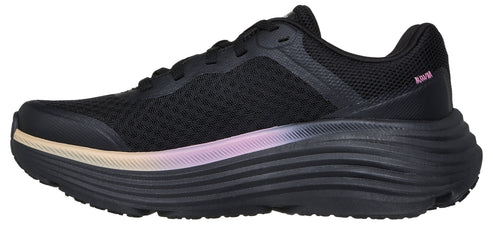 A black sneaker with a thick, layered sole.
